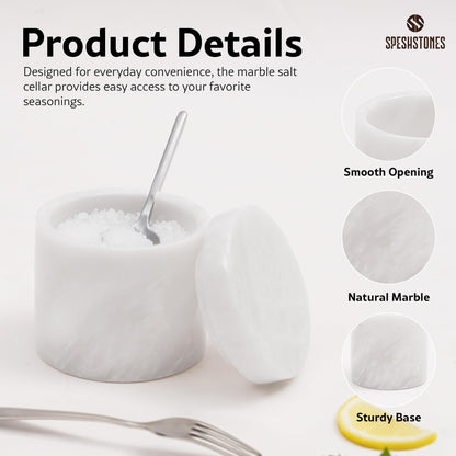 SPESHSTONES White Marble Salt Cellar 3 Inch Handmade Stone Salt Containers for Countertop, 5.2 oz Sugar Jar with Lid and Spoon, Salt Bowl, Marble Salt Holder to Store Spice, Table & Flaky Salt
