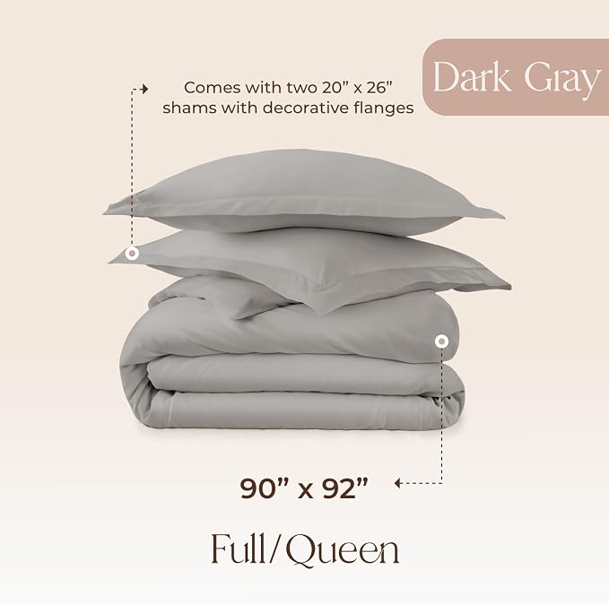 100% Organic Cotton Duvet Cover Queen Size - Naturally Soft Lightweight & Cooling Duvet Cover Set with Decorative Shams - Premium GOTS Certified 300 Thread Count Sateen Weave (Classic Grey, Queen)