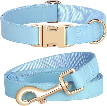 PET ARTIST Soft PU Leather Dog Collar and Leash Set, Bright & Stylish 5FT PU Leather Leash and Collar Set, Durable Pet Collars with Quick Release Metal Buckle for Small Dogs,Blue,S(9"-14")