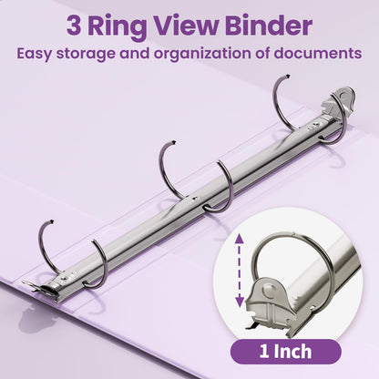 SUNEE 3 Ring Binder 1 Inch 2 Pack, Clear View Binder Three Ring PVC-Free (Fit 8.5x11 Inches) for School or Office Supplies, Purple