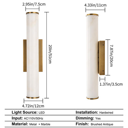 Alabaster Wall Sconces, 20" Brass Wall Sconce, Cylinder Natural Marble Sconces Wall Lighting, Modern Stepless Dimmable Sconces Lighting for Bathroom Living Room Bedroom Stairs Hallway