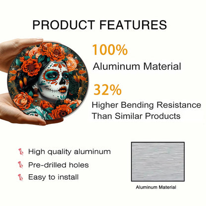 Classic Calavera Sugar Skull Round Aluminum Sign Halloween Autumn Wall Hanging Wall Art Decorative Signs & Plaques 8x8 Inch. Perfect for Bedroom, Living Room, Office, and Entryway Decor. Dreamy Artistic Style.