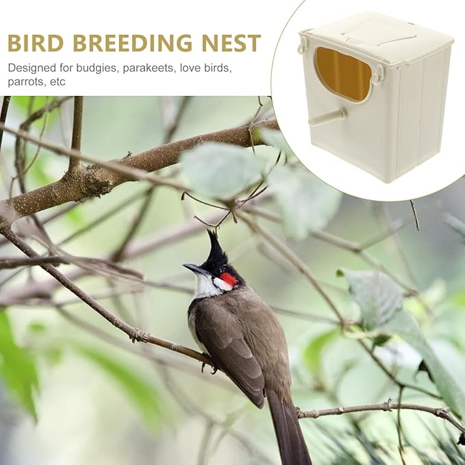 Mikikit Bird Breeding Box Plastic Nest with Hinged Lid for Cockatiels Parakeets and Lovebirds Cage Mounted Breeding Resting Box 5.11X5.11X3.93 Inches