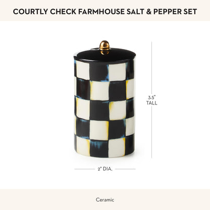 MACKENZIE-CHILDS Farmhouse Salt and Pepper Shaker Set, Ceramic Salt and Pepper Holders, Black-and-White Courtly Check