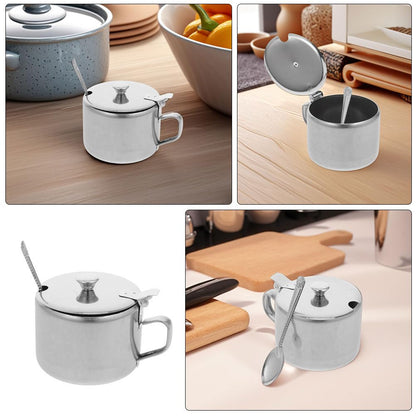 Healvian Stainless Steel Sugar Bowls Set of 3 with Lids and Spoons Multipurpose Kitchen Condiment Containers for Sugar Salt Pepper Spice Storage with Handles 3.93X3.14X2.67 Inches