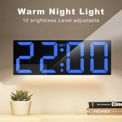 JALL 22" Large Digital Wall Clock, Big LED Number Dispaly, DST, Night Light for Classroom, Living Room, Bedroom, Mounted, Birthday Xmas Gift for Senior, Mem Womem Mom Dad, Blue
