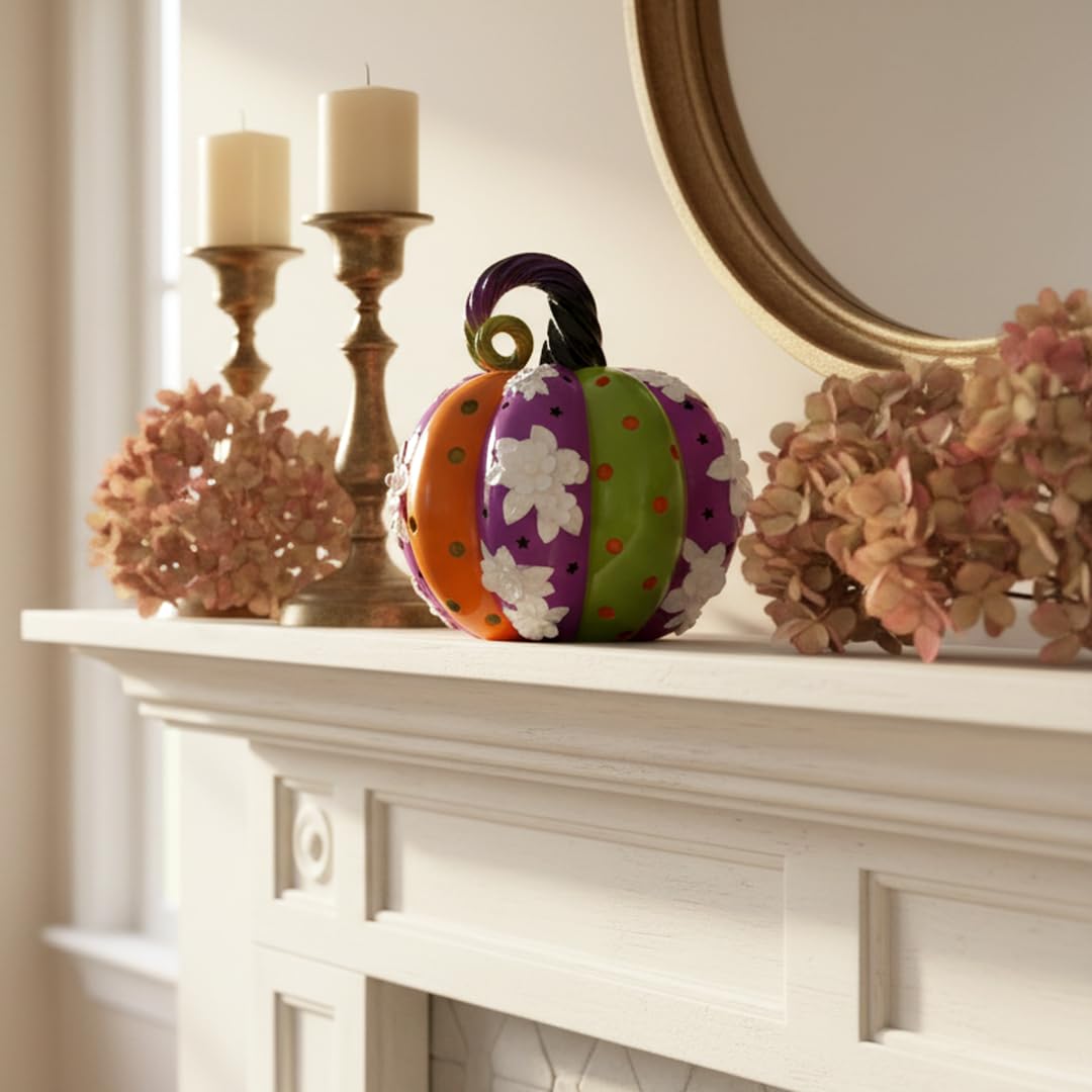 SEAKINGDOM YHH Premium Handmade Pumpkin Statue - 7 Inch Fall Harvest Decor, Resin Sculpture for Thanksgiving Centerpiece, Halloween Tabletop, Mantel & Bookshelf Display (Purple, Green, and Yellow)