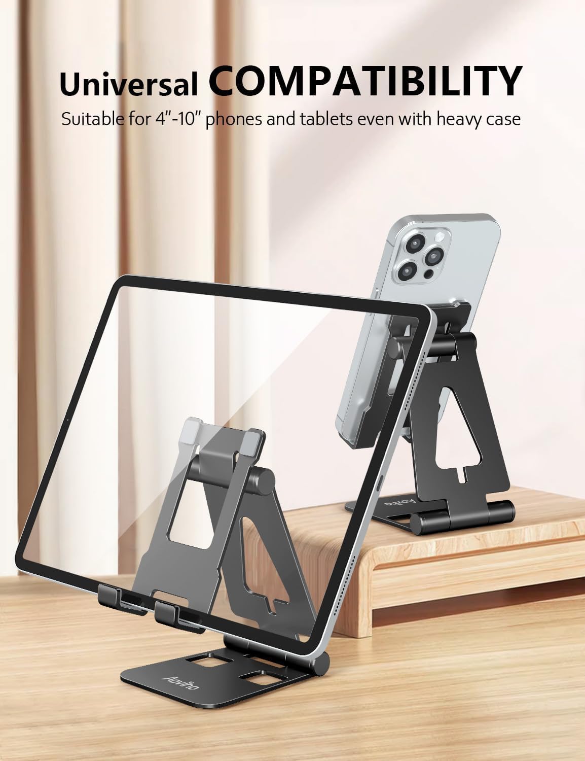 Aoviho Cell Phone Stand for Desk, Adjustable Desktop Phone Holder Stand, Foldable Moblie Phone Dock for iPhone 15 14 13 12 11 Pro Xs Max Xr X 8 7 6 5 5s SE Nintendo Switch All Phones, Black