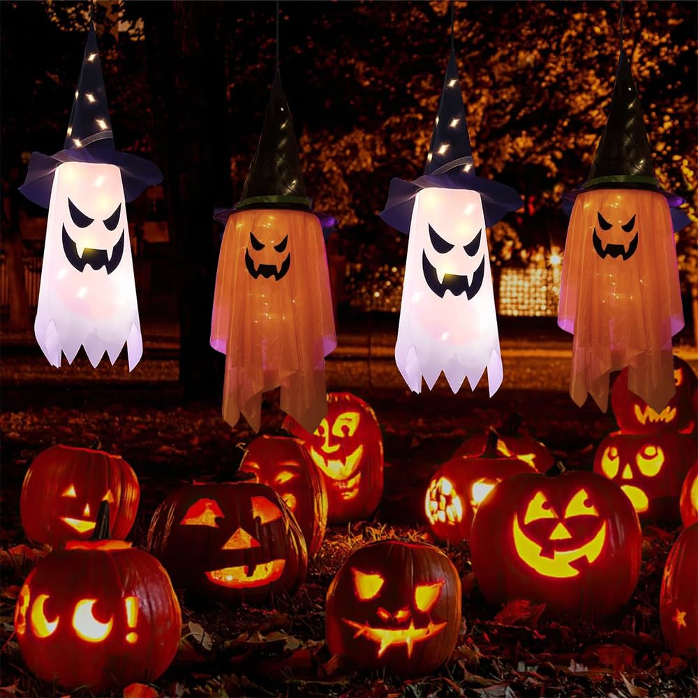 2PCS Hanging Lighted Glowing Ghost Witch Hat - 38 inch Length LED Decorations for Indoor/Outdoor Halloween Party Supplies