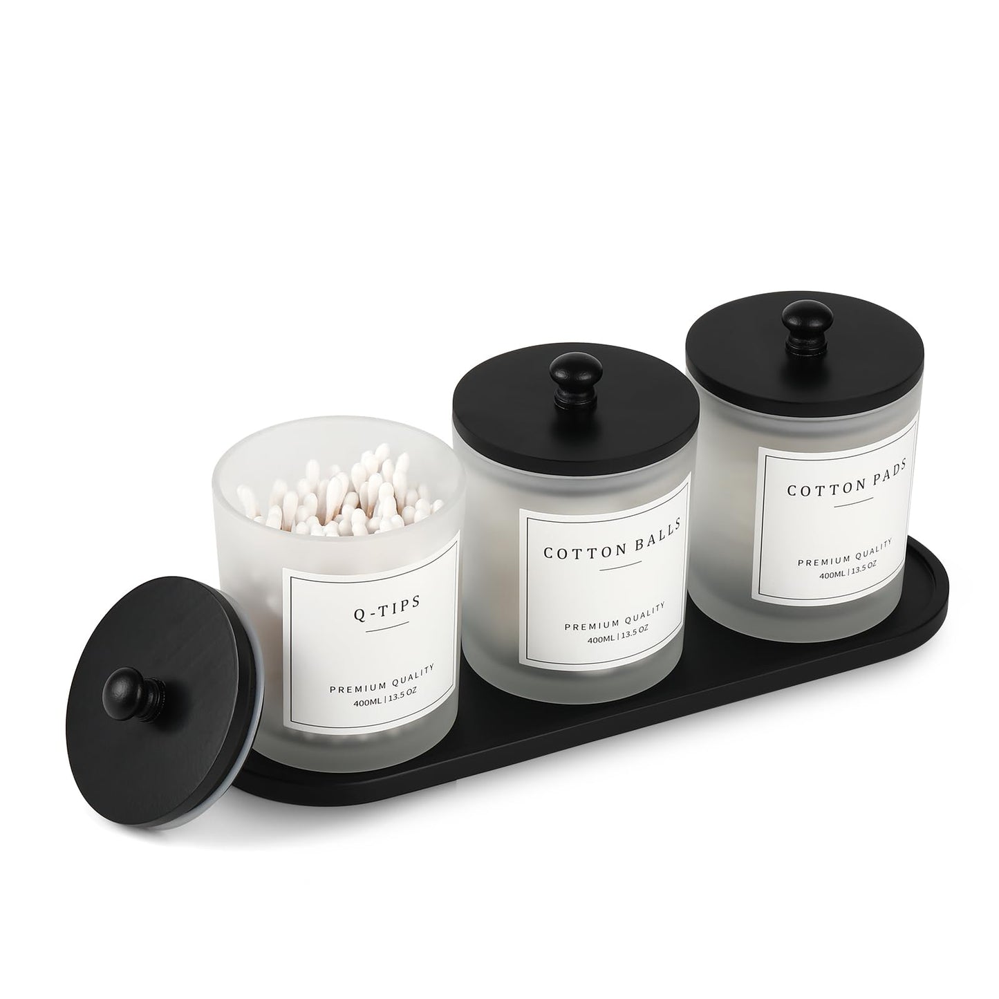 eggs sound 3 Pack Qtip Holder - Bathroom Organizers and Storage, Cotton Round Swab Holder Dispenser Cotton Ball Holder with Tray, Glass Apothecary Jars with Lids, Floss Pick Containers - ms black