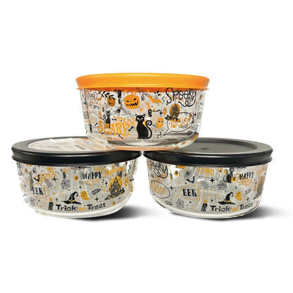 DURA LIVING Halloween Glass Food Storage Containers with Lids | Set of 6 (3 Containers + 3 Lids) 2-Cup | Spooky Design, BPA-Free, Microwave & Dishwasher Safe|Perfect for Meal Prep, Snacks & Leftovers