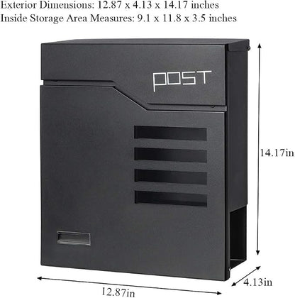 Jssmst Locking Mailbox Wall Mount- Waterproof mailboxes with Secure Key Lock and Newspaper Compartment, Key Lock Drop Box Extra Large Capacity, 12.9 x 4.1 x 14.2 Inch, SM-HPB938 Black New