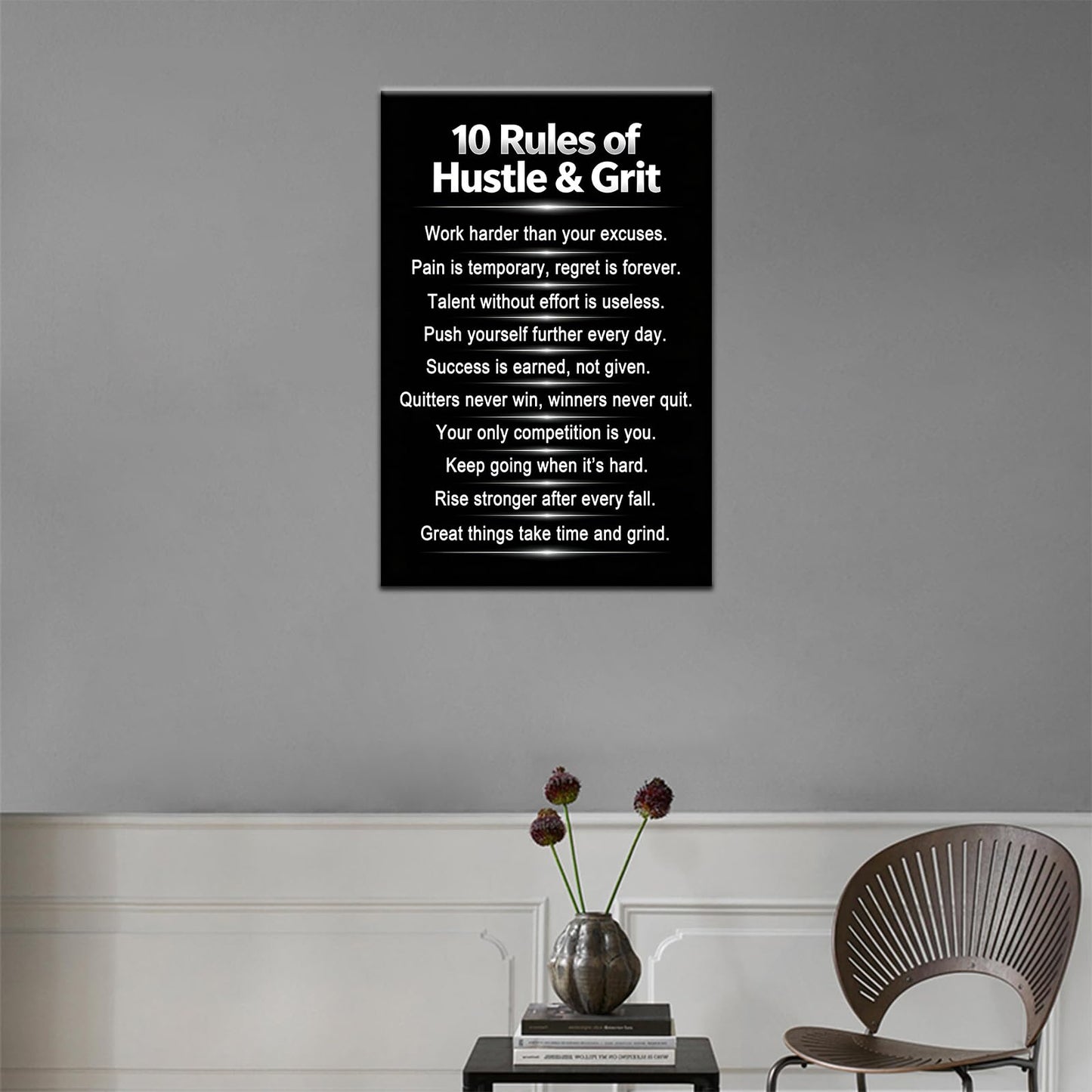 PSYYSP Motivational Wall Art 10 Rules Of Hustle And Grit Inspirational Posters Canvas Decor Inner Framed Entrepreneur Mindset Positive Quotes Painting For Home Office Gym 18x12 Inch