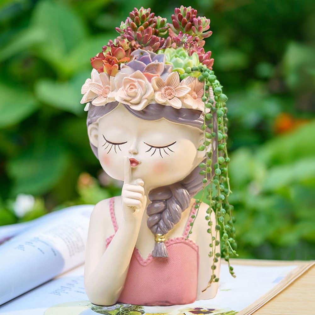 Snowy sunday Adorable Fairy Girl face Succulent Pot 2-Packs with Drainage Hole, Resin Head Planter Pot for Indoor Plants, Decorative Flower vase,Gifts Idea for Lady (Medium-Tranquility)