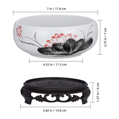 Veemoon Ceramic Lotus Bowl Planter, Chinese Hydroponic Pot with Base Round Pottery Shallow Planter Flower Plant Succulents Bowl Thickened No Drainage Pot for Indoor Outdoor Zen Garden Decor (6.68")