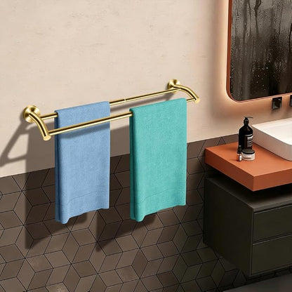 MGahyi Adjustable Double Towel Bar 14.5-24.8Inch, Matte Telescopic Stainless Steel Wall Mount Towel Holder, Rustproof Towel Rack for Bathroom Kitchen RV Laundry Hotel (Gold, Double-Bar)