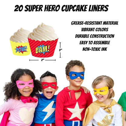 Andaz Press Birthday Cupcake Wrappers, Superhero Pow Bam, 20-Pack, Decor Decorations Wraps Cupcake Muffin Paper Holders Superhero Cupcake Wrappers