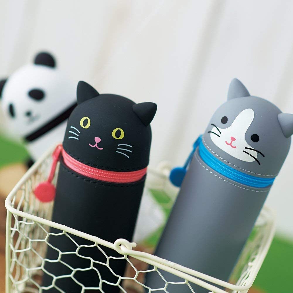 LIHIT LAB Kawaii Japanese Black Cat Stand Up Pencil Case For School Office College, Cute School Supplies, Animal Pen Holder Pouch Holder Teen Girls Artists, Travel Cosmetics Storage (A7712-3)