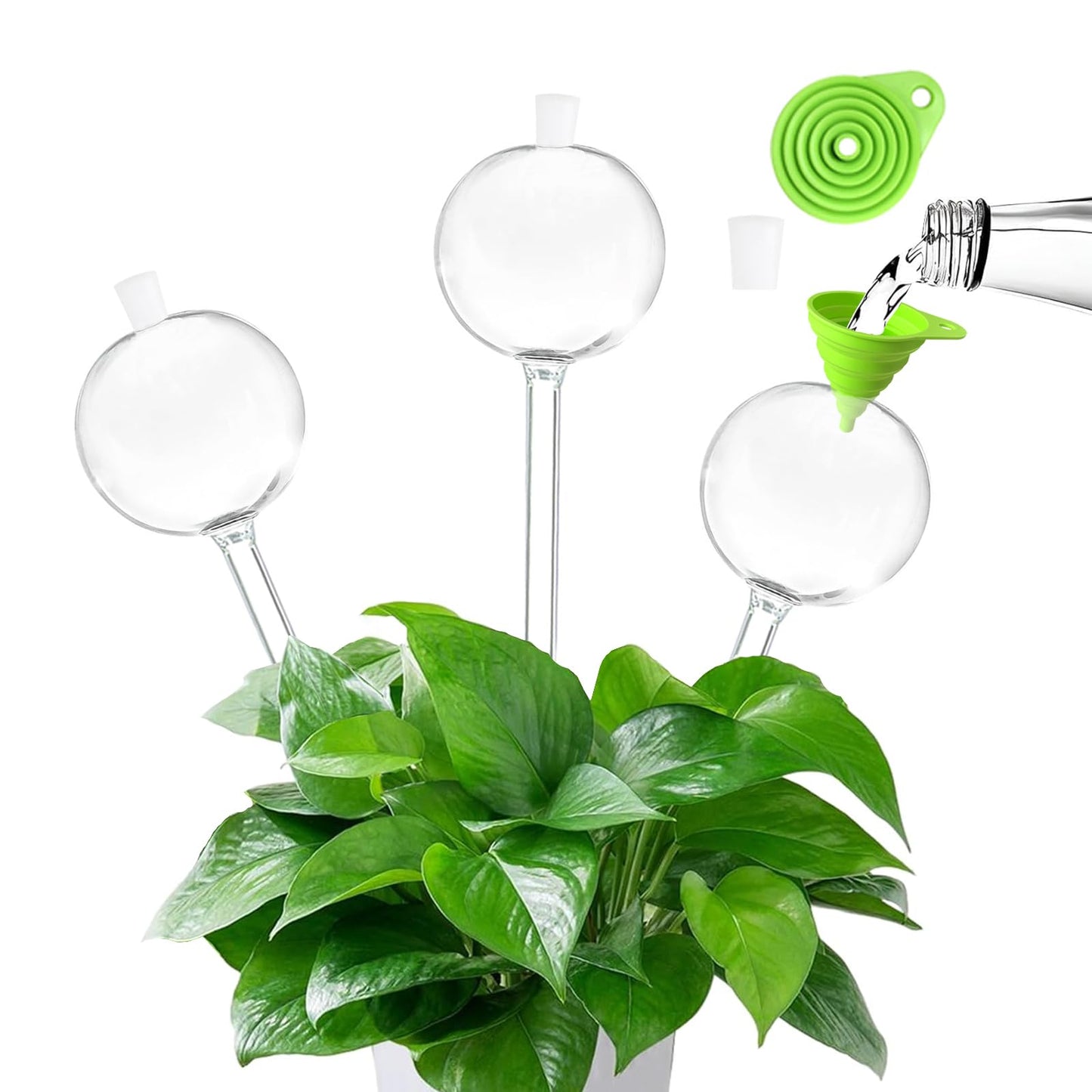 OYSIR 3 PCS Top-Fill Self Watering Globes, Automatic Plant Watering Devices, Transparent Self Watering Planter Insert, Durable Clear Glass Aqua Bulbs for Indoor, Ball Shape, & Funnel