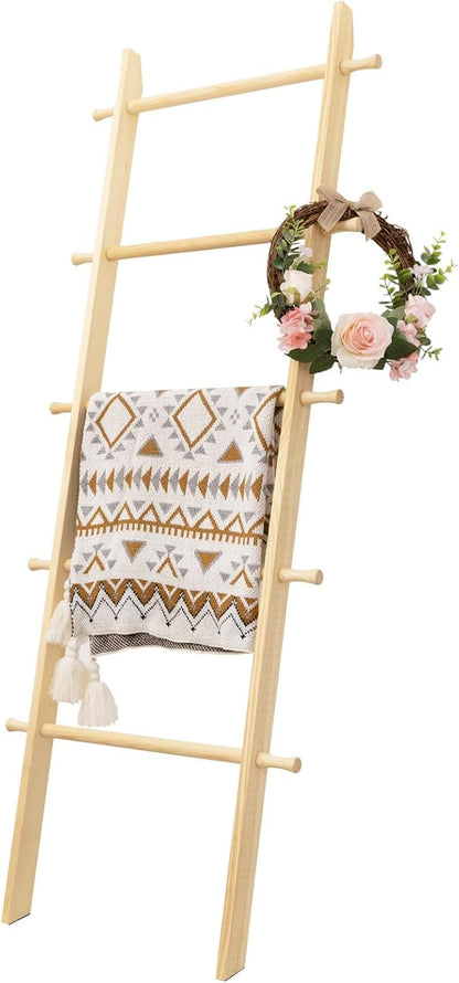 5-Tier Blanket Ladder – 4.8 Ft Wall Leaning Quilt Rack, Farmhouse Blanket Storage for Living Room, Bedroom & Bathroom – Rustic Decorative Wooden Towel & Quilt Holder, Easy to Assemble