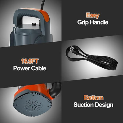Sump Pump Submersible 1HP 3700GPH Utility Water Pump Portable Transfer Electric Water Sump Pumps with 8 Accessories for Swimming Pool Draining Hot Tub Pond Basement