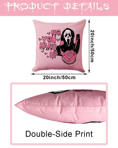 20x20 Inch Pink Throw Pillow Cover - 'No You Hang Up' Funny Horror Ghost Design, Romantic Halloween Decor, Soft Pillowcase for Sofa, Bedroom, Car, Birthday Party Supplies
