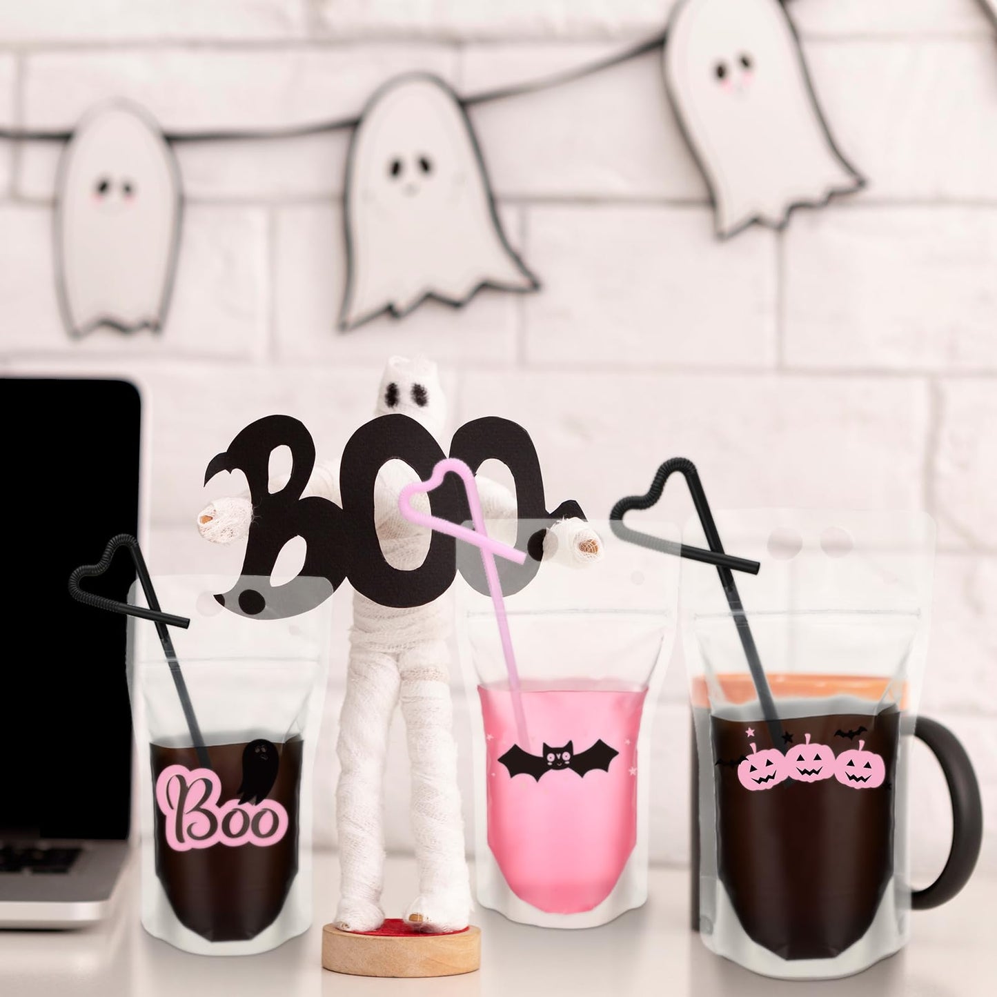 Sliner 24 Set Halloween Drink Pouches with Straws for Adults Juice Liquor Pouches Happy Boo Day Pink Black Drink Bags for Adult Teen Stand up Plastic Bags for Halloween Party Favor Props