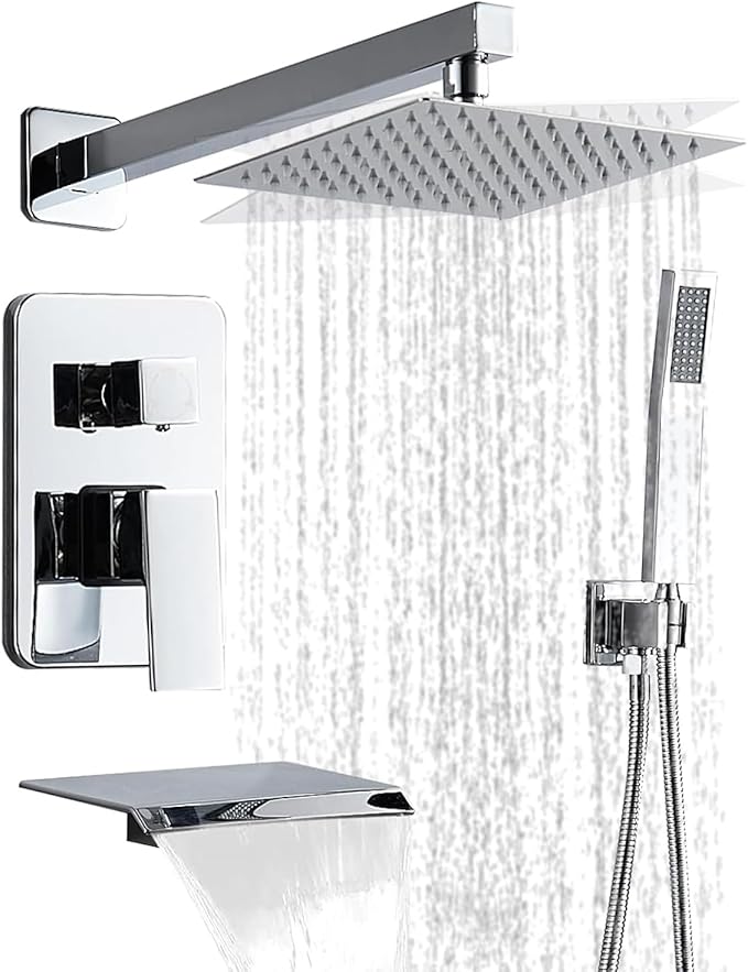 Chrome Shower Faucet Set with Tub Spout 10 Inch, Shower Head and Handle Set with 2 Hooks, Tub and Shower Faucet Combo, Rain Shower and Handheld Shower System Square Wall Mount for Bathroom