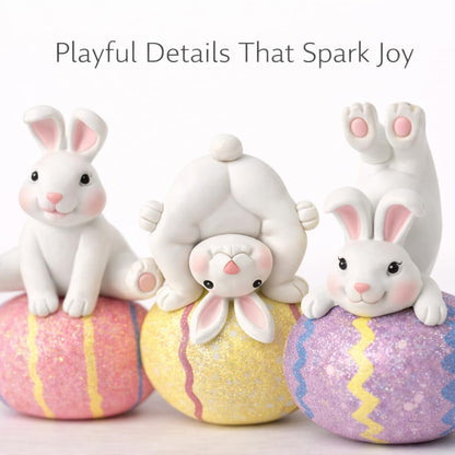 GoGnome Easter Decoration Indoor, Set of 3 Resin Easter Bunny Figurines on Pastel Eggs – 6.5''H Playful Rabbit Spring Decor for Shelf, Mantel & Tabletop (Pink/Yellow/Purple)