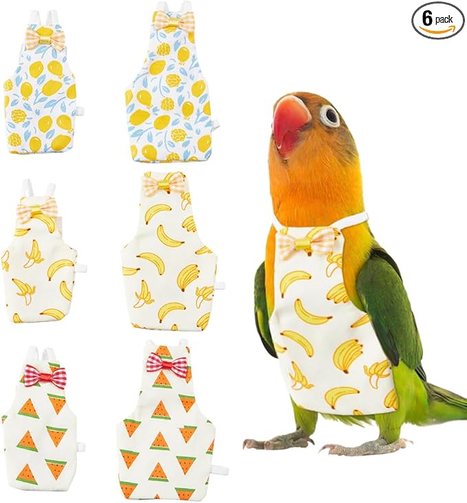 SUPERFINDINGS 6Pcs Bird Diaper Reusable Parrot Nappy with Washable Waterproof Cute Urine Wet Suit Red White Yellow Costume Cockatiel Clothes with Elastic Rope for Parrots Cockatiel Pet Birds(S-M)
