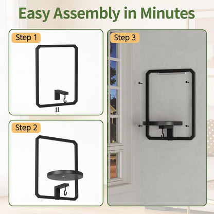 LASZOLA Plant Picture Frame Holder Wall Mount Indoor Window with 2 Grow Light, 2 Pack Modern Floating Flower Stand Shelf with Hooks, Metal Hanger Display Decor for Living Room, Black