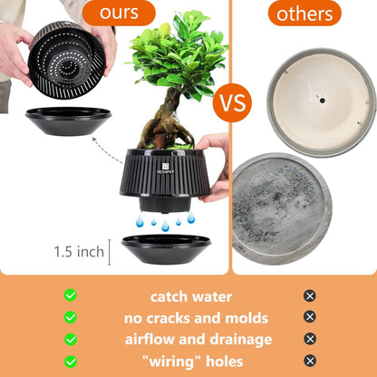 Meshpot 5 Inch Bonsai Pots with Drainage Tray, Set of 2, Plastic Imitate Ceramic Bonsai Tree Pot with Excellent Airflow, Black Succulent Pots for Indoor Plants, Juniper, Ficus, Chinese Elm, Cactus