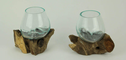 Zeckos Molten Glass On Teak Driftwood Decorative Bowl Vase Terrarium Planter Set of 2