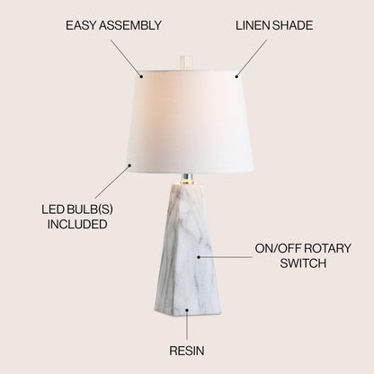 JONATHAN Y 20.5" White Marble Finish Modern Resin Table Lamp for Bedroom Living Room, Contemporary Faceted Bedside Lamp with White Linen Shade, LED Bulb Included JYL1037A