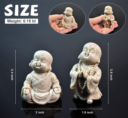 2pcs Buddha Statue Happy Laughing Buddha Figurine Cute Small Monk Statues Mini Maitreya Buddha Minimalist for Desktop Ornament Home Decor Car Dashboard and Shelf Decorations Buda (Sandstone)