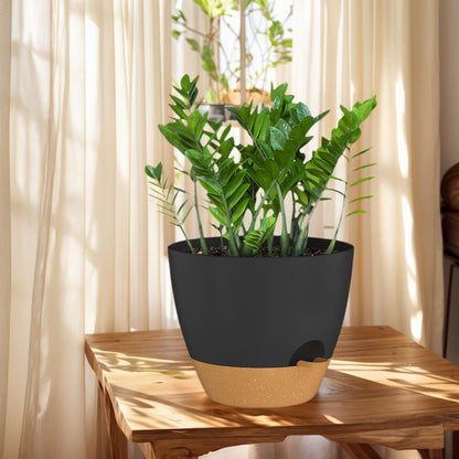 ZMTECH 10 Inch Plant Pots Set of 2 Planters for Indoor Plants Self Watering Pots Flower Pots with Drainage Holes and Saucer for Outdoor Plants(Black with Brown)