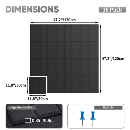 Corodo Large Cork Board Alternative - 48" x 48" Felt Bulletin Board with Pushpins & Adhesive Tabs, 16 Pack Tac Boards Tiles for Office Classroom Wall Decor, Wall Protector for Dart Board - Black