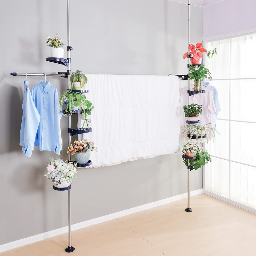 BAOYOUNI Indoor Tension Plant Pole Stands Double Rods Flower Pots Storage Shelf Floor to Ceiling Display Rack Hanger with 12 Trays, 2 Hooks & 1 Telescopic Rod for Clothes Drying, Navy Blue