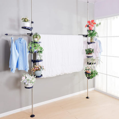 BAOYOUNI Indoor Tension Plant Pole Stands Double Rods Flower Pots Storage Shelf Floor to Ceiling Display Rack Hanger with 12 Trays, 2 Hooks & 1 Telescopic Rod for Clothes Drying, Navy Blue