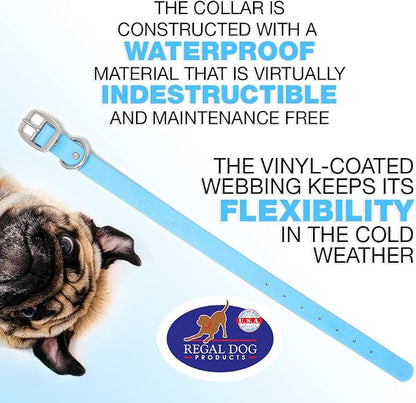 Regal Dog Products Medium Light Blue Dog Collar with Heavy Duty Double Buckle & D Ring | Vinyl Coated, Custom Fit, Adjustable Biothane Dog Collar Chew Resistant Waterproof Collar for Dogs