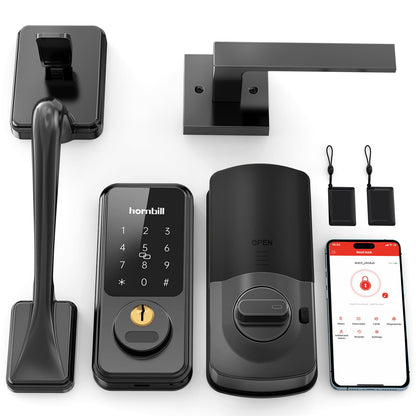 Keyless Entry Door Lock with Handles, Hornbill Smart Front Door Lock Set, Alexa Front Exterior Door Set, Digital Touchscreen via Bluetooth APP/Keyfob/Key-Matte Black(Not Compatible Gram/Screen Door)