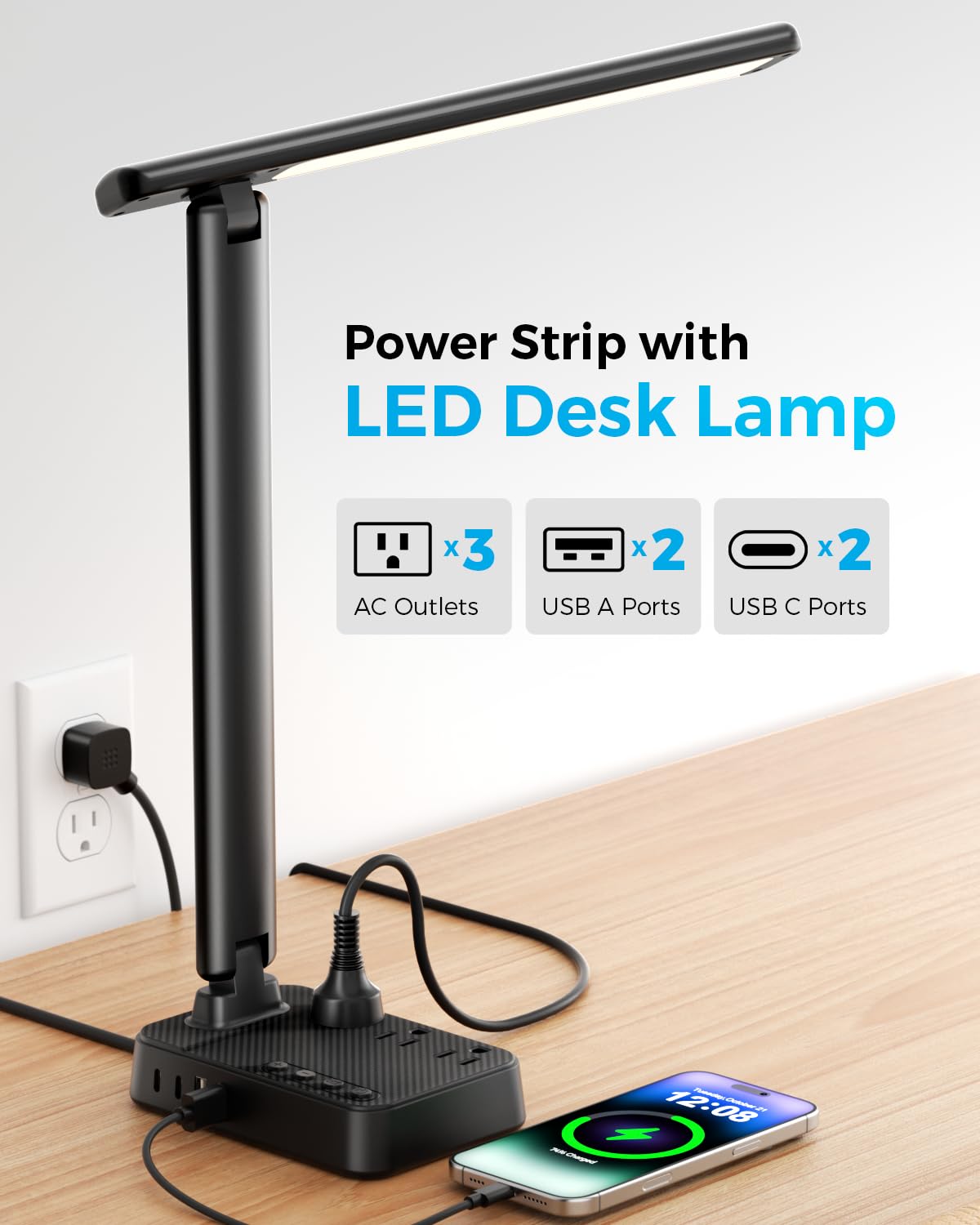 LED Desk Lamp with Power Strip, 3 AC Outlets & 4 USB Ports (2 USB-C), Stepless Dimming & 2800K-6500K Eye-Caring Desk Light, Foldable Table Lamp with 5FT Cord for Home Office, Dorm Room Essentials
