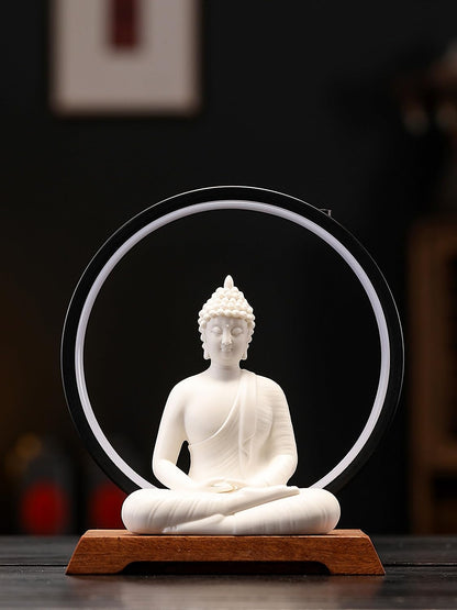 Dyware 8.8 Inch LED Buddha Statue for Indoor, White Ceramic Small Buddha Statue with LED Light for Home Decor