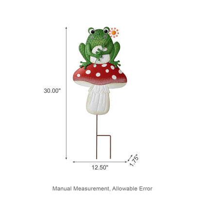 Glitzhome Mushroom and Frog Garden Yard Stake, 30 ”H Metal Stacked Yard Patio Charming Stake Powder-Coated Vibrant Finish Lifelike 2-in-1 Design Ornament Detachable Lawn Wall and Floor Decoration