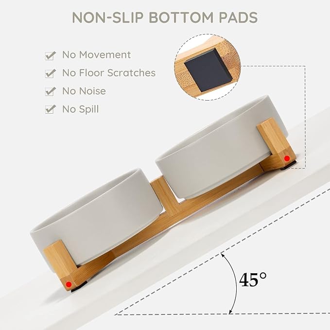 Elevated Ceramic Pet Bowls – Double Raised Food and Water Bowls for Dogs and Cats with Bamboo Stand, Gray Modern Non-Slip Dishwasher Safe Feeder Station
