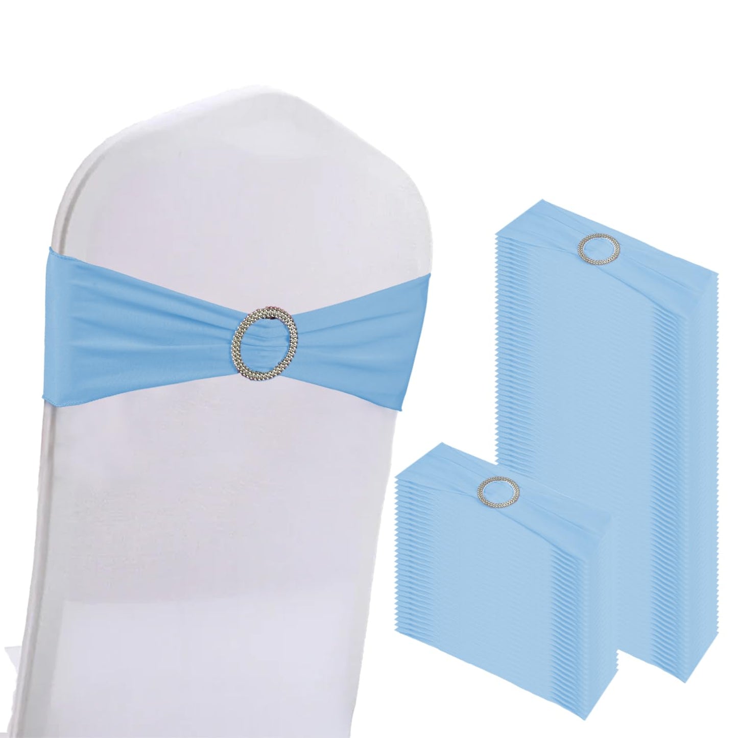 WJWHQ 100PCS Spandex Stretch Chair Sashes Bows Elastic Chair Cover Bands Ties with Buckle Slider for Wedding Party Reception Events Universal Ceremony Banquet Decorations(Baby Blue)