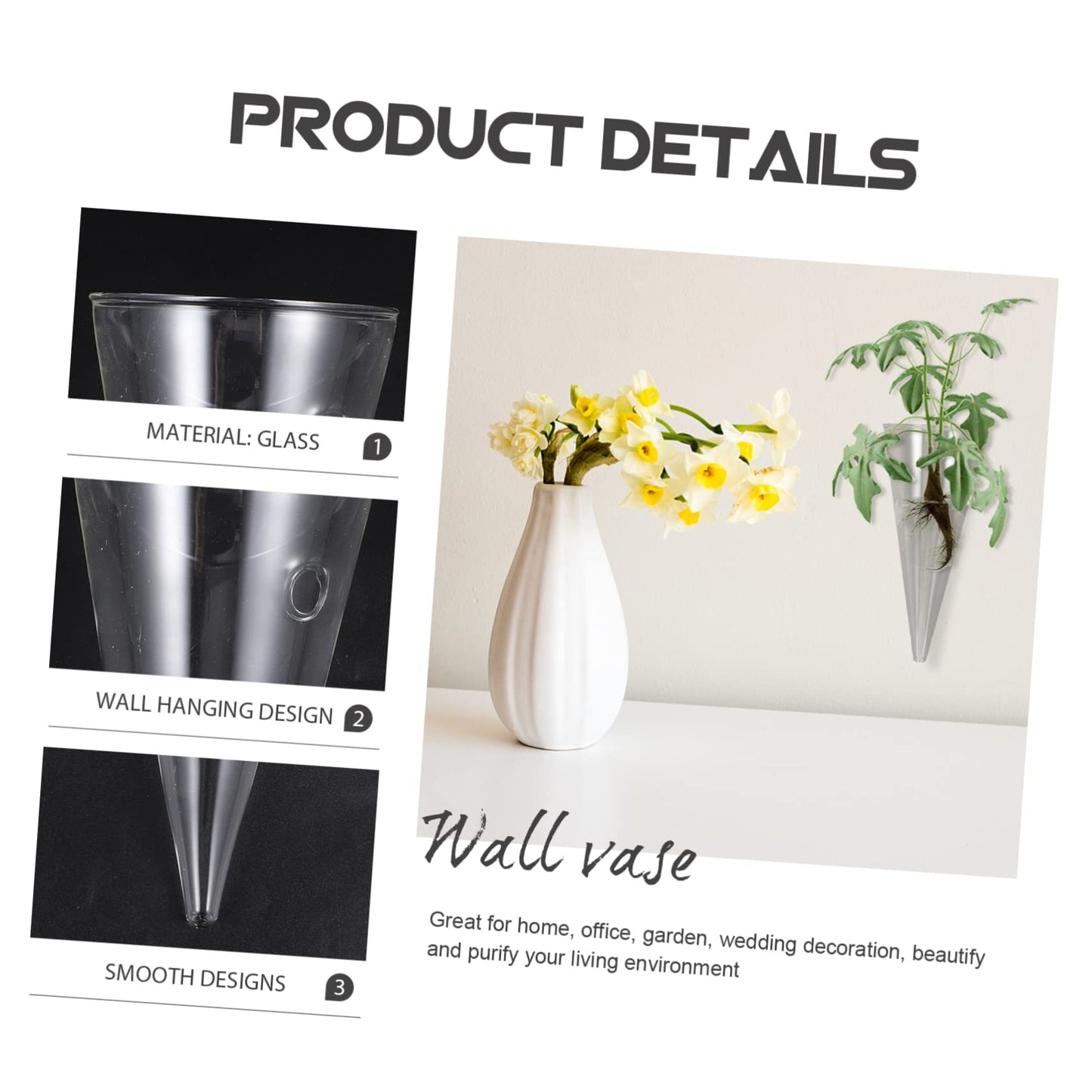 TOGEVAL Hydroponic Wall Hanging Glass Planter for Indoor Plants Space-Saving Terrarium Vase for Home Decor Modern Design Visible Root Growth for Flower Cuttings and Greenery