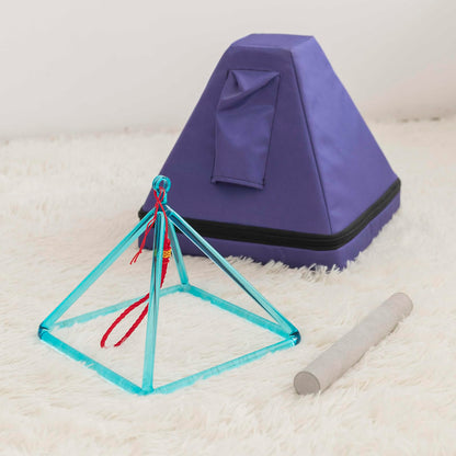 Hye-eun Crystal Pyramid Sound Healing, Clear Blue 8 inch Quartz Riangular Tower with Crystal Singing Bowl Stick and Purple Rope, Pyramid Bag,Yoga Meditation Energy Healing Musical Instrument