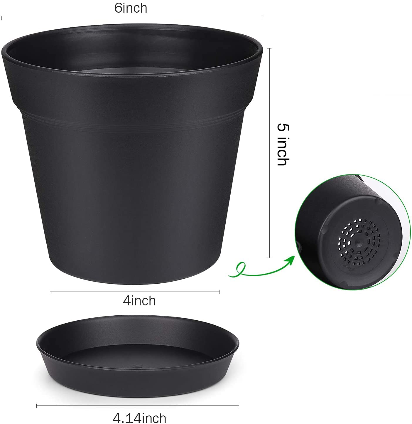 homenote Pots for Plants, 15 Pack 6 Inch Plastic Planters with Multiple Drainage Holes and Tray,Plant Pots for All Home Garden Flowers Succulents (Black)
