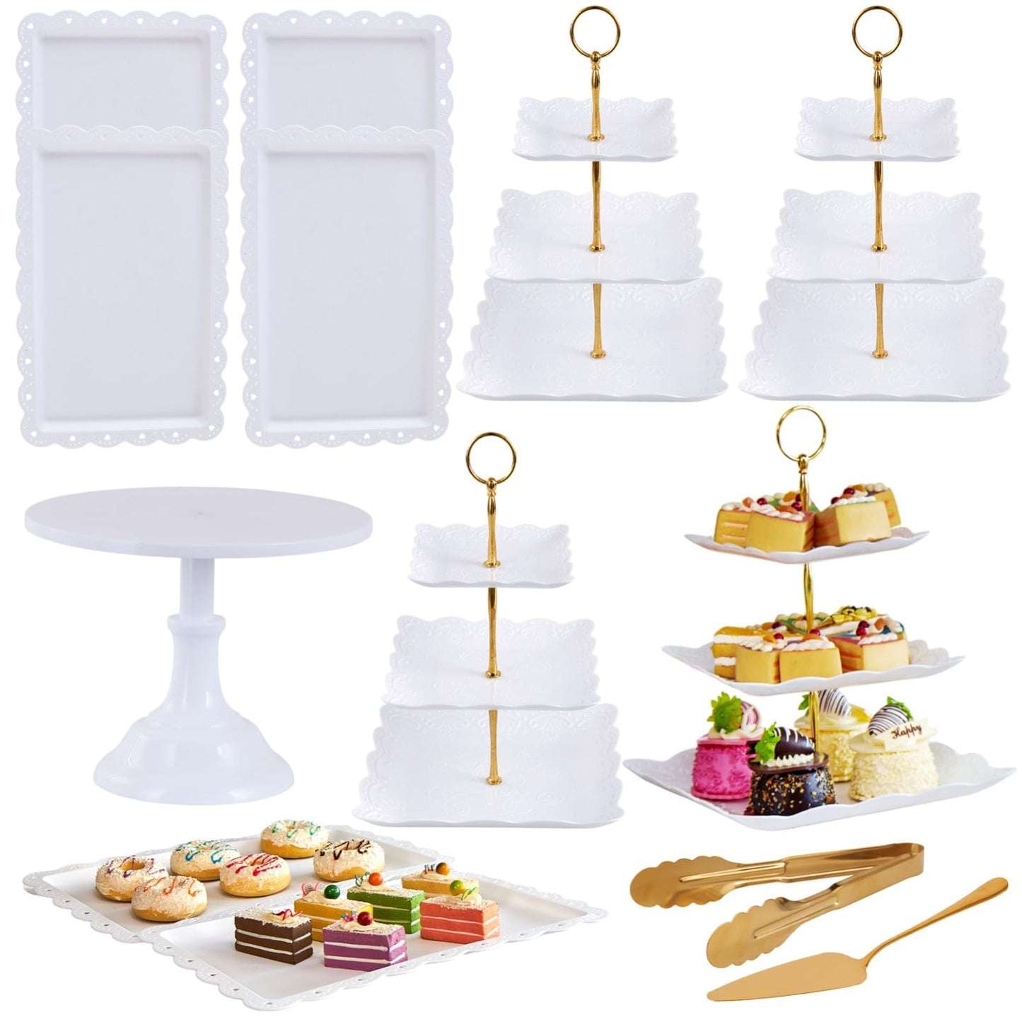 SMARTGUIVAL 13-Piece Cake Display Set, 4 Square 3-Tier Cupcake Stands, Large Cake Stand, 6 Rectangular Trays, Golden Tongs & Server – Dessert Table Display for Weddings, Baby Showers & Parties